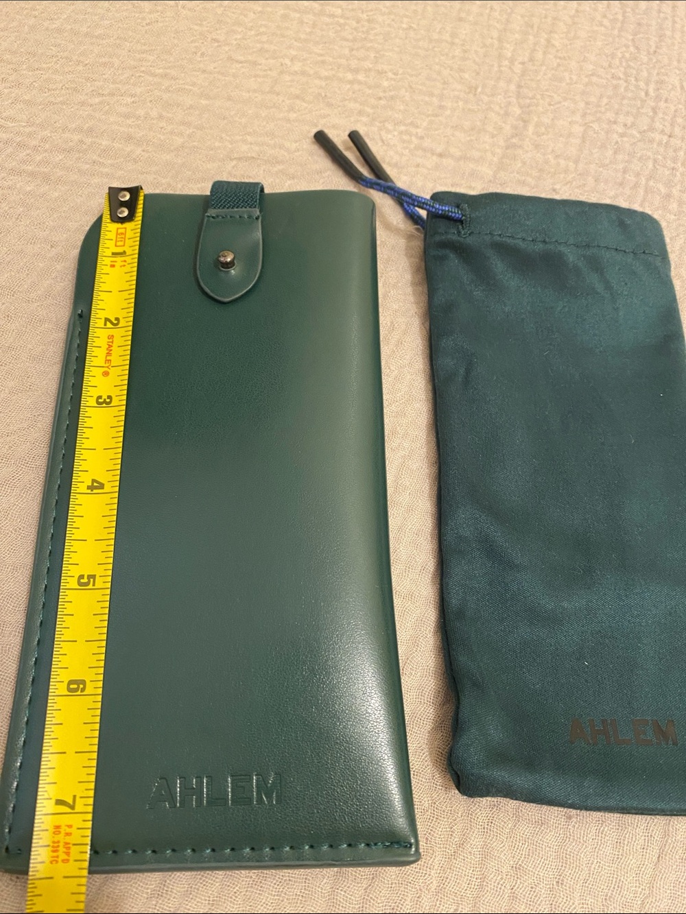 AHLEM Green Leather Sunglass Sleeve with Pouch. - Picture 3 of 5